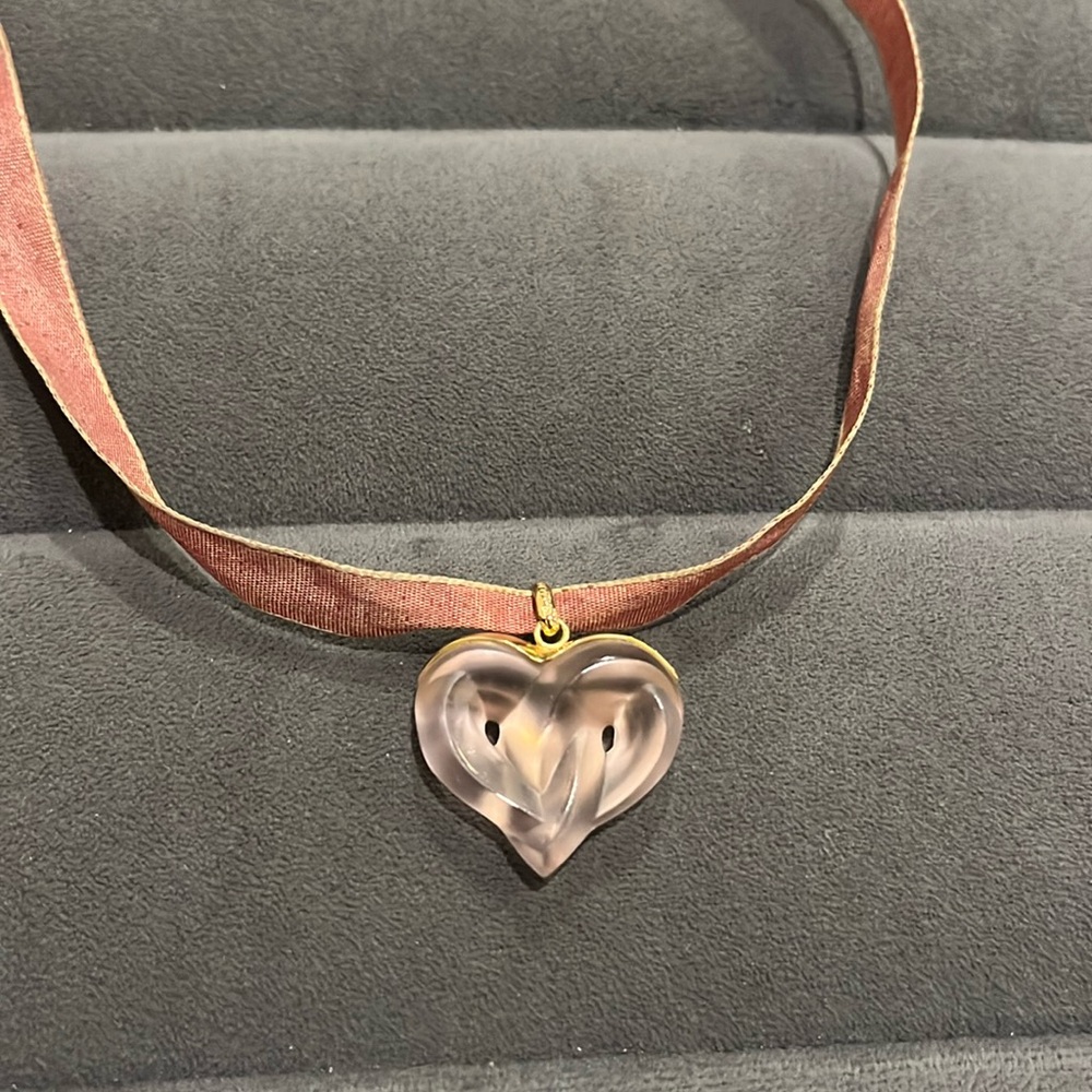 LALIQUE crystal entwined heart necklace pendant w/ silk ribbon choker pink gold - Picture 2 of 6